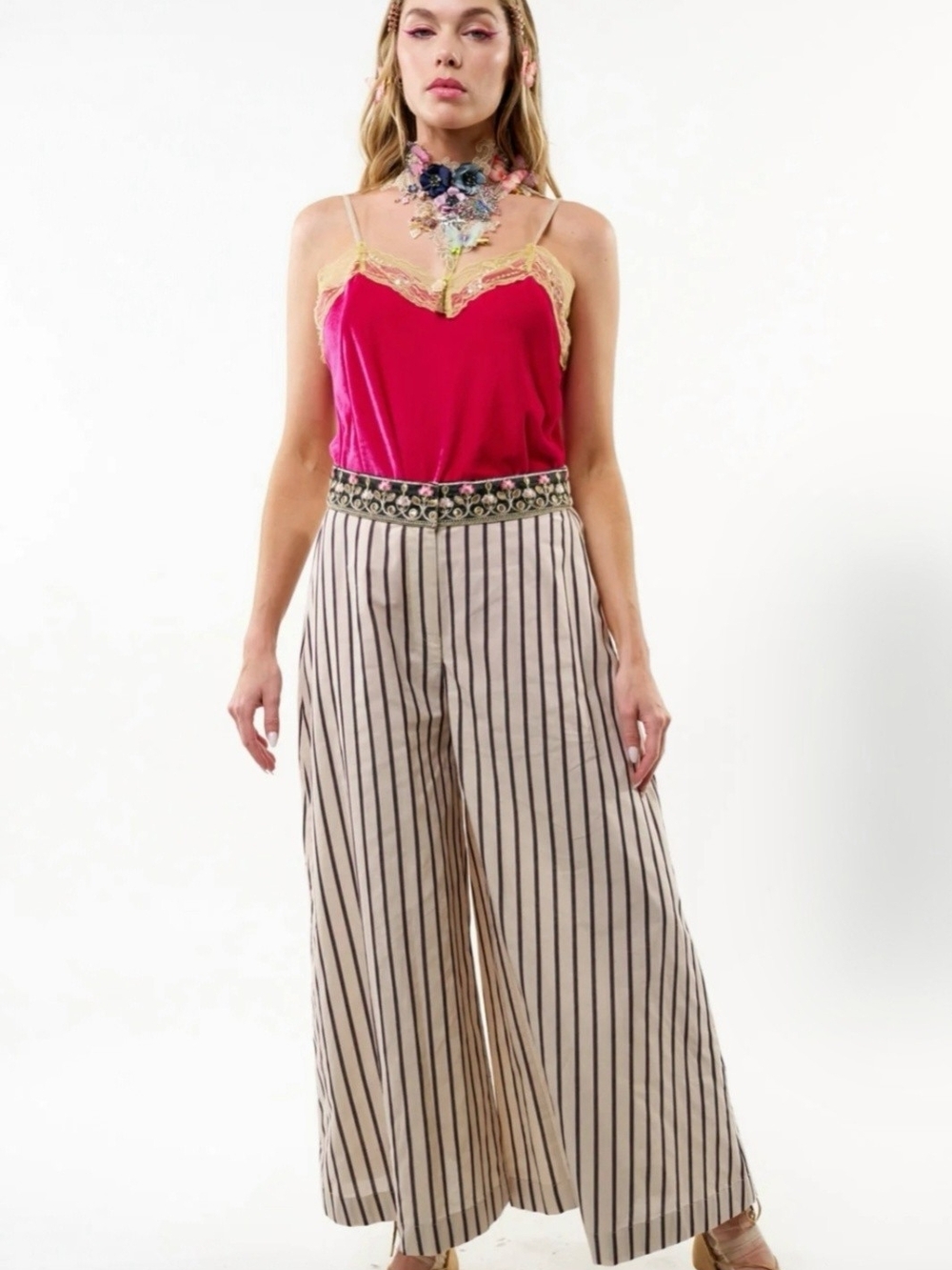 Wide Leg Striped Women’s Pants in Cream with Black Stripes